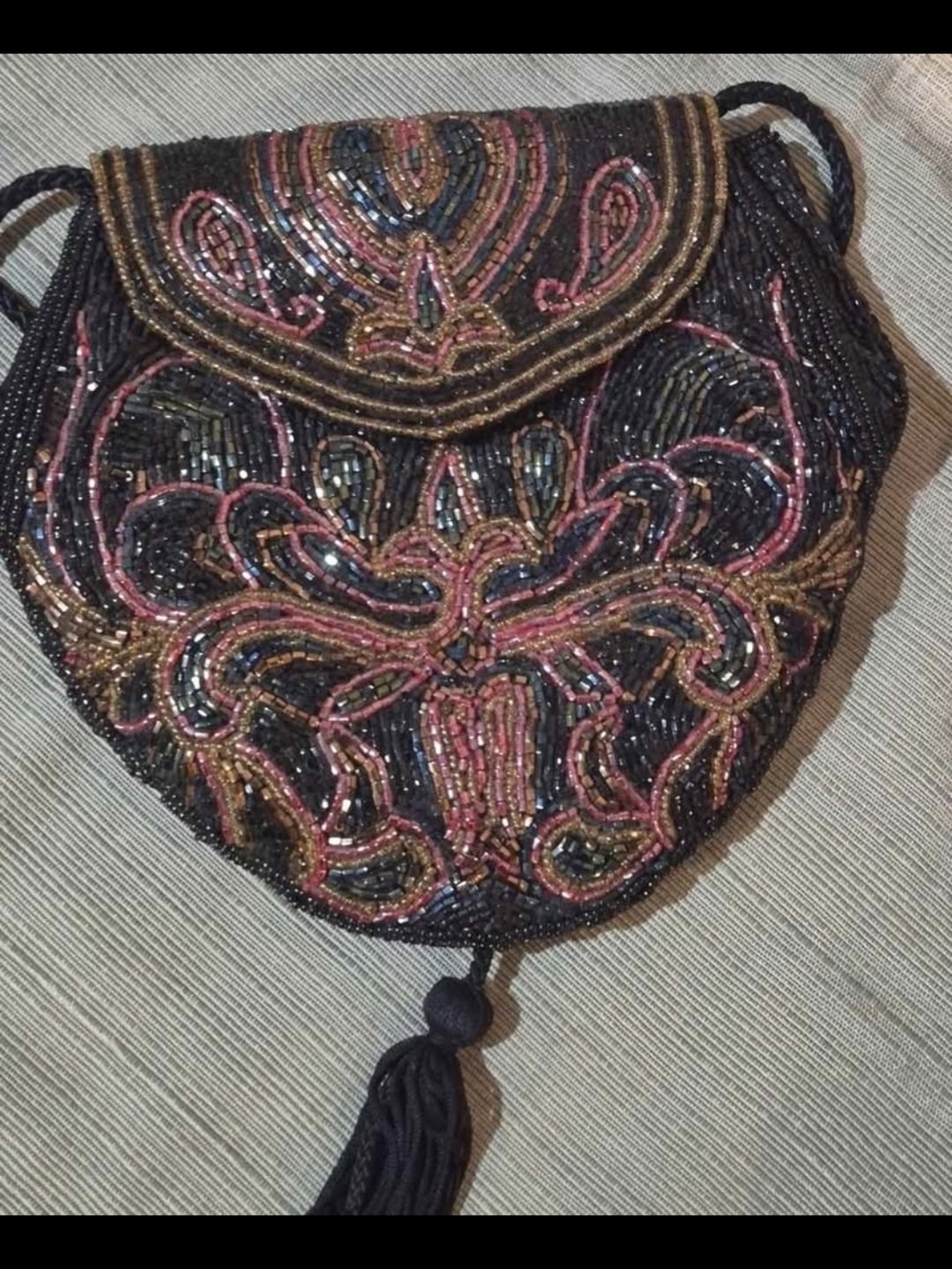 Vintage TOWANNY Beaded Micro Crossbody Bag Art Deco Floral Tassel Evening Purse
